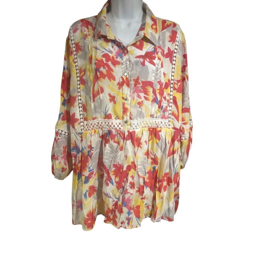 Notations light weight tropical floral lace insets 3/4 sleeve blouse size 2X
